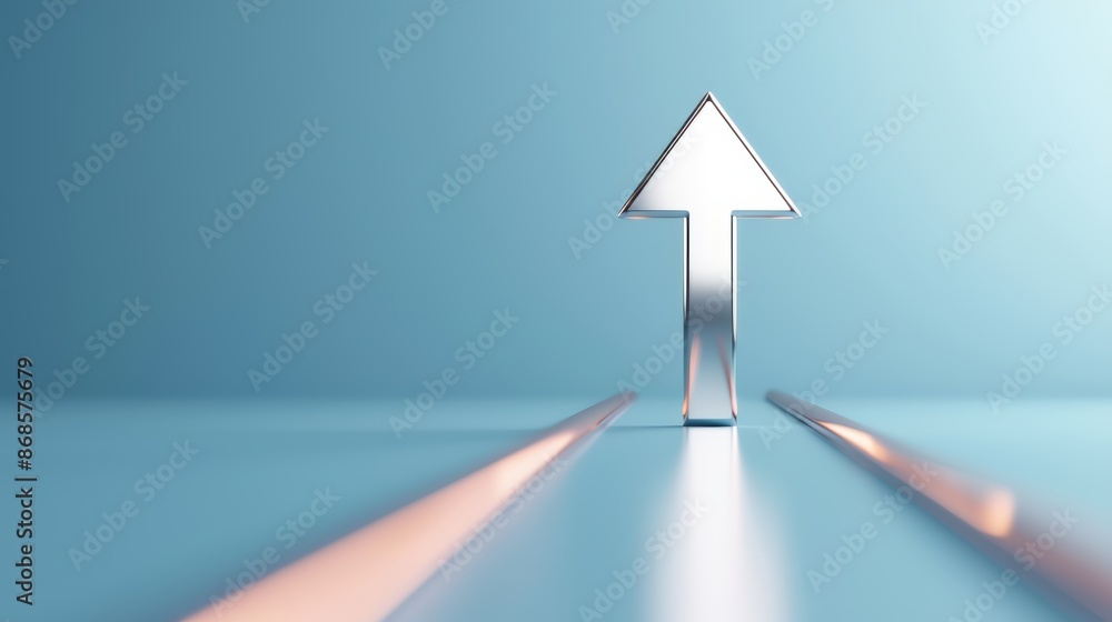 Fototapeta premium Metallic arrow pointing upwards, symbolizing growth and progress, on a sleek blue gradient background with subtle light reflections, representing success and forward momentum