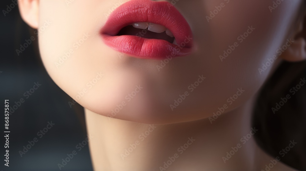 Fototapeta premium Closeup a sexy young woman with red lipstick on black background