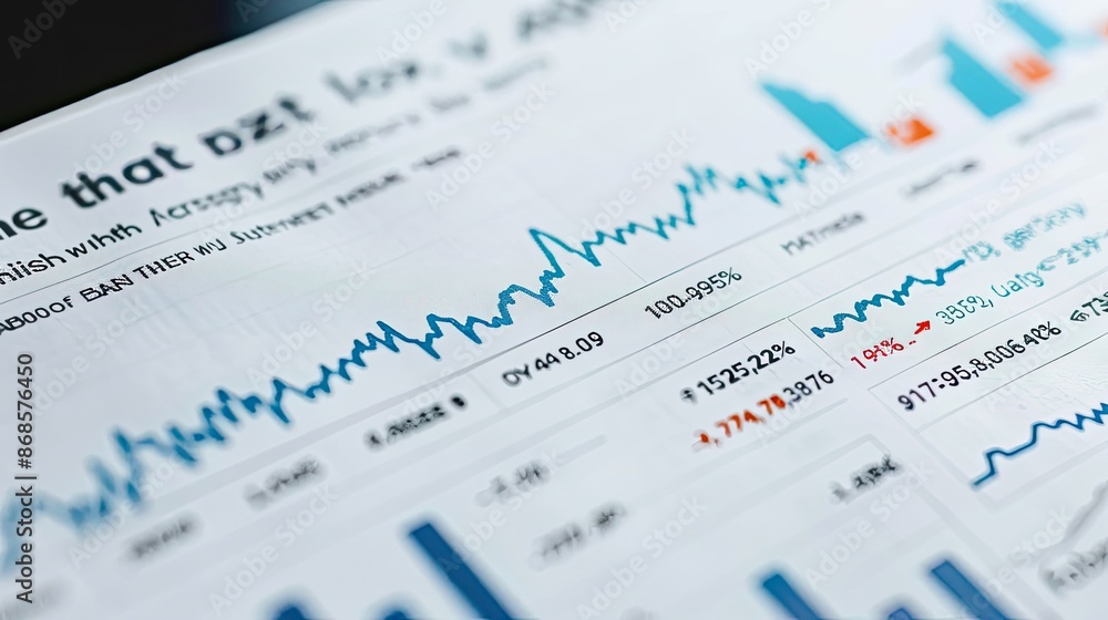 Close-up of financial charts and graphs showing market data trends, perfect for business and finance-related concepts and presentations.