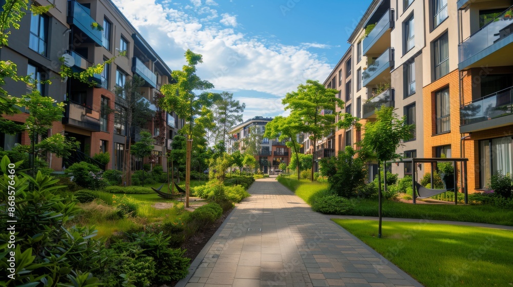 Residential area with ecological and sustainable green residential buildings, low-energy houses with apartments and green Residential area with ecological and sustainable green residential buildings, low-energy houses with apartments and green