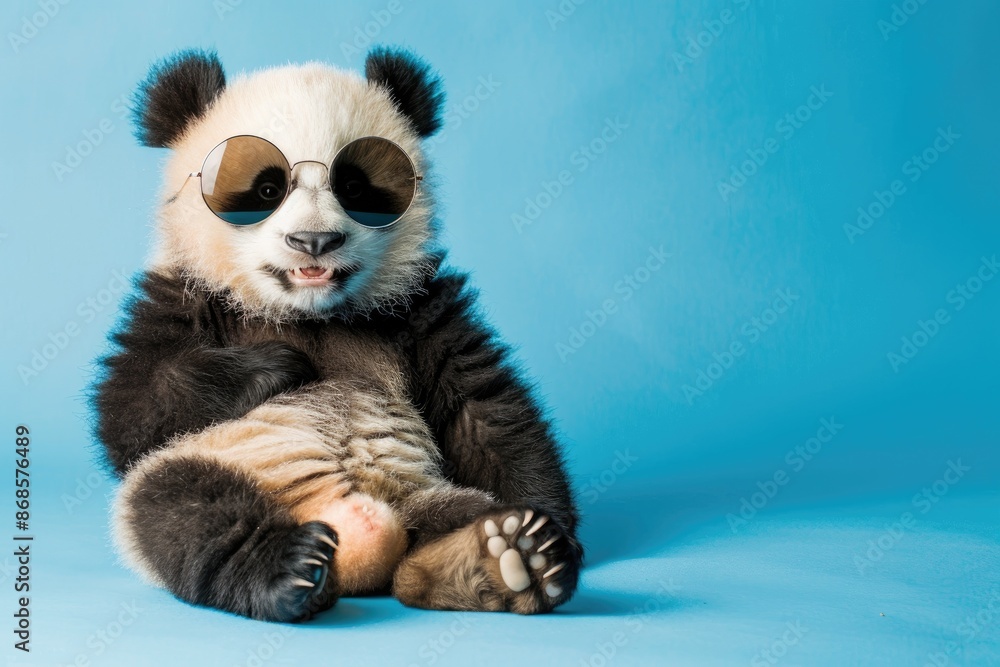 Cute baby panda wearing round sunglasses, sitting on a blue background, with detailed black and white fur and a playful smile Cute baby panda wearing round sunglasses, sitting on a blue background, with detailed black and white fur and a playful smile