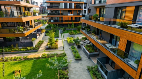 Residential area with ecological and sustainable green residential buildings, low-energy houses with apartments and green