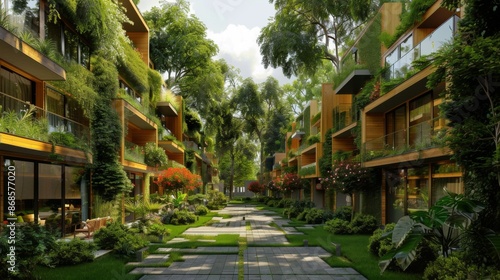 Residential area with ecological and sustainable green residential buildings, low-energy houses with apartments and green © Adi