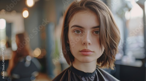 female beautiful short hair on beige background