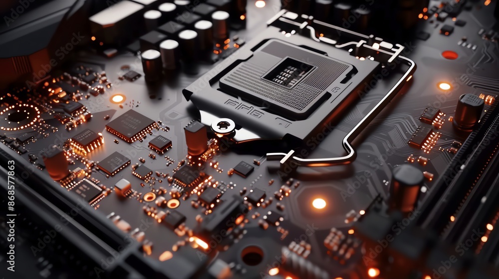 Fototapeta premium A detailed close-up of an electronic circuit board showcasing intricate pathways and components. 