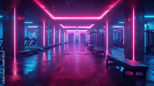 Interior of modern stylish gym with neon lights