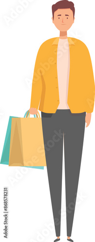 Young man is standing and holding shopping bags full of purchases