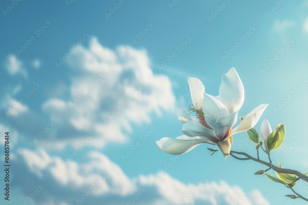 A single white flower blooms on a branch against a bright blue sky A single white flower blooms on a branch against a bright blue sky
