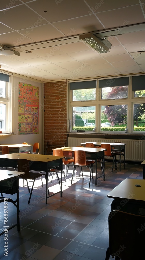 Classroom with Tables and Students Stuff on Tables Classroom with Tables and Students Stuff on Tables