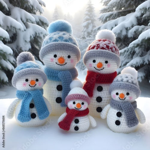 Wallpaper Mural A handmade crochet amigurumi snowman family, each with a unique hat and scarf, in a snowy winter landscape Torontodigital.ca