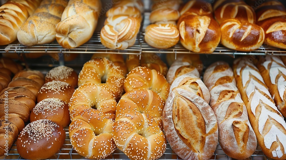 various kinds of bread on supermarket shelves various kinds of bread on supermarket shelves
