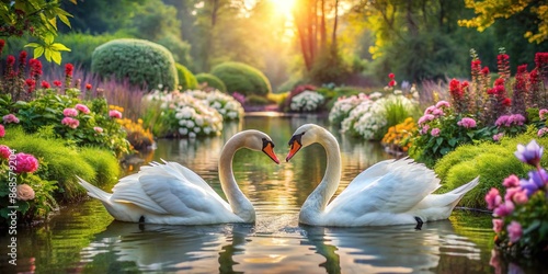 Fototapeta Naklejka Na Ścianę i Meble -  Delicate swans face each other in perfect symmetry amidst lush greenery and vibrant flowers, evoking serenity and love in a picturesque natural setting.