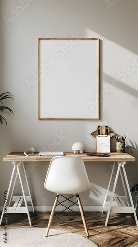 Scandinavian simple interior design professional home office with empty poster mockup on the wall