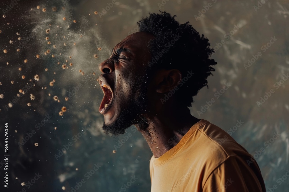 Man's sneeze focus tiny airborne particles and viral germs visible. Young black man releases small viruses forceful sneeze. Image highlighting intersection of personal actions and public health Man's sneeze focus tiny airborne particles and viral germs visible. Young black man releases small viruses forceful sneeze. Image highlighting intersection of personal actions and public health