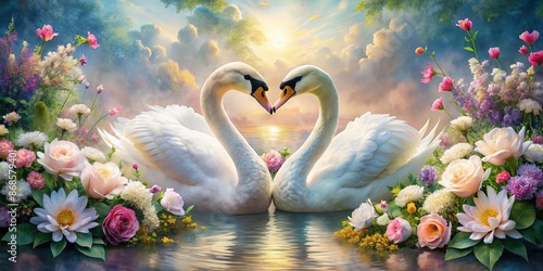 Fototapeta Naklejka Na Ścianę i Meble -  Two majestic swans stand beak to beak, surrounded by a lush bouquet of vibrant flowers in soft pastel hues, exuding serenity and romantic elegance.