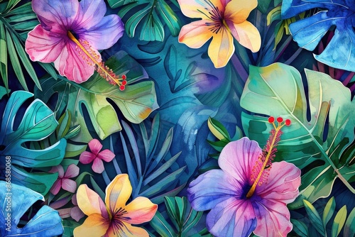 Wallpaper Mural Vibrant tropical floral pattern with colorful hibiscus flowers and lush green foliage, perfect for summer designs and backgrounds. Torontodigital.ca