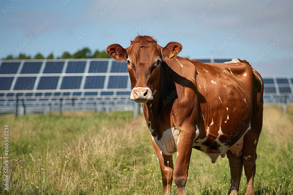 cow in front, solar panel in background, Animal meets technologie, renewable power source, green energy from sun cow in front, solar panel in background, Animal meets technologie, renewable power source, green energy from sun
