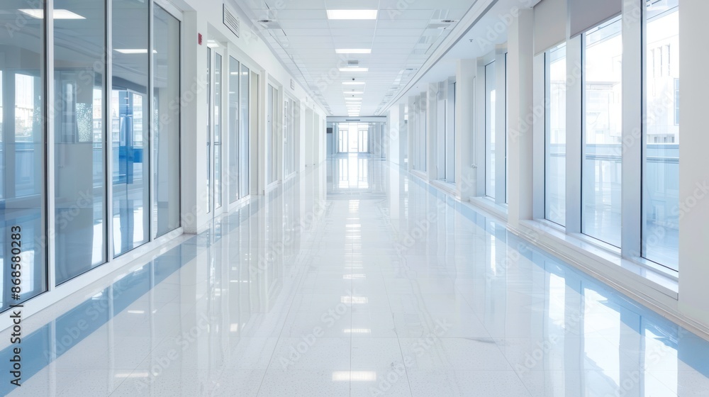 Empty White Corridor with Windows and Tile Floor Empty White Corridor with Windows and Tile Floor