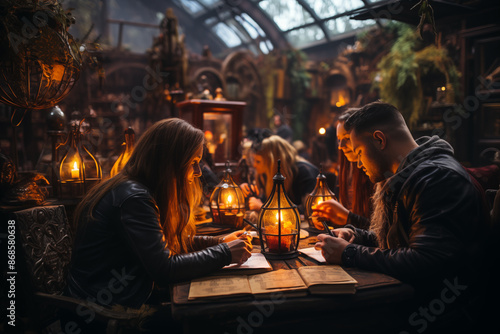 Wallpaper Mural A Halloween-themed escape room with participants trying to solve puzzles amidst creepy decor and hidden surprises Torontodigital.ca