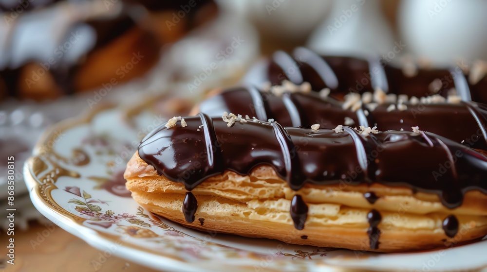 A closeup of a French eclair, showing its glossy chocolate glaze and creamy filling, arranged on an elegant porcelain plate with soft, natural lighting A closeup of a French eclair, showing its glossy chocolate glaze and creamy filling, arranged on an elegant porcelain plate with soft, natural lighting