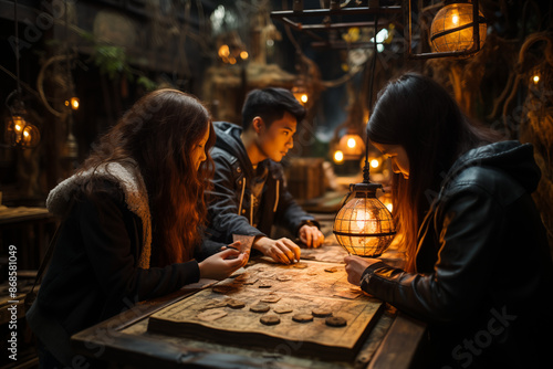 A Halloween-themed escape room with participants trying to solve puzzles amidst creepy decor and hidden surprises