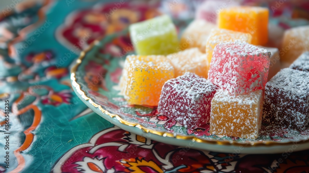 A closeup of a Turkish delight, showing its vibrant, colorful cubes dusted with powdered sugar, arranged on a stylish plate with a vibrant backdrop A closeup of a Turkish delight, showing its vibrant, colorful cubes dusted with powdered sugar, arranged on a stylish plate with a vibrant backdrop