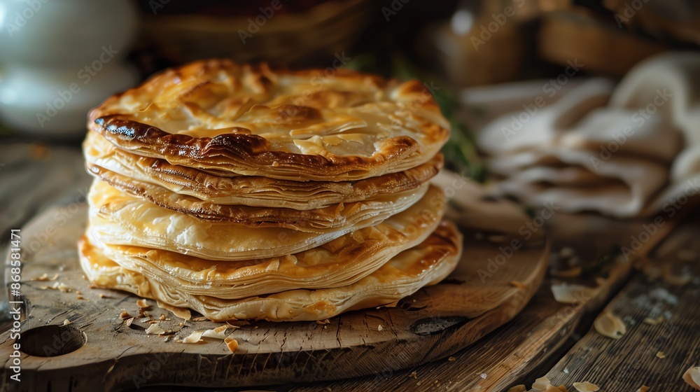 A closeup of Azerbaijani qutab, showing its thin, stuffed pastry layers, placed on a rustic wooden table with natural lighting A closeup of Azerbaijani qutab, showing its thin, stuffed pastry layers, placed on a rustic wooden table with natural lighting