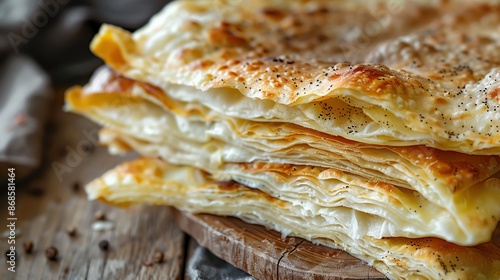 A closeup of Azerbaijani qutab, showing its thin, stuffed pastry layers, placed on a rustic wooden table with natural lighting