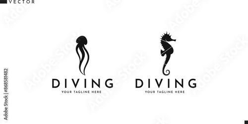 Seahorse and jellyfish logo. Scuba diving sign. Isolated animals on white background