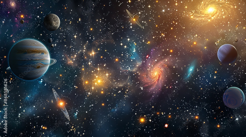 Panoramic View of Cosmic Space with Planets, Stars, and Galaxies Panoramic View of Cosmic Space with Planets, Stars, and Galaxies