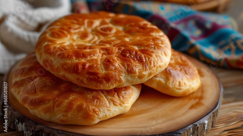 A closeup of Kazakh kurt, showing its dry, crumbly texture and round shape, placed on a traditional wooden board with soft, even lighting photo