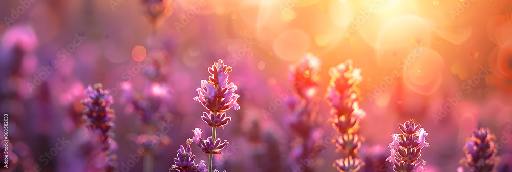 Lavender flowers in the sunset light. Beautiful lavender field.