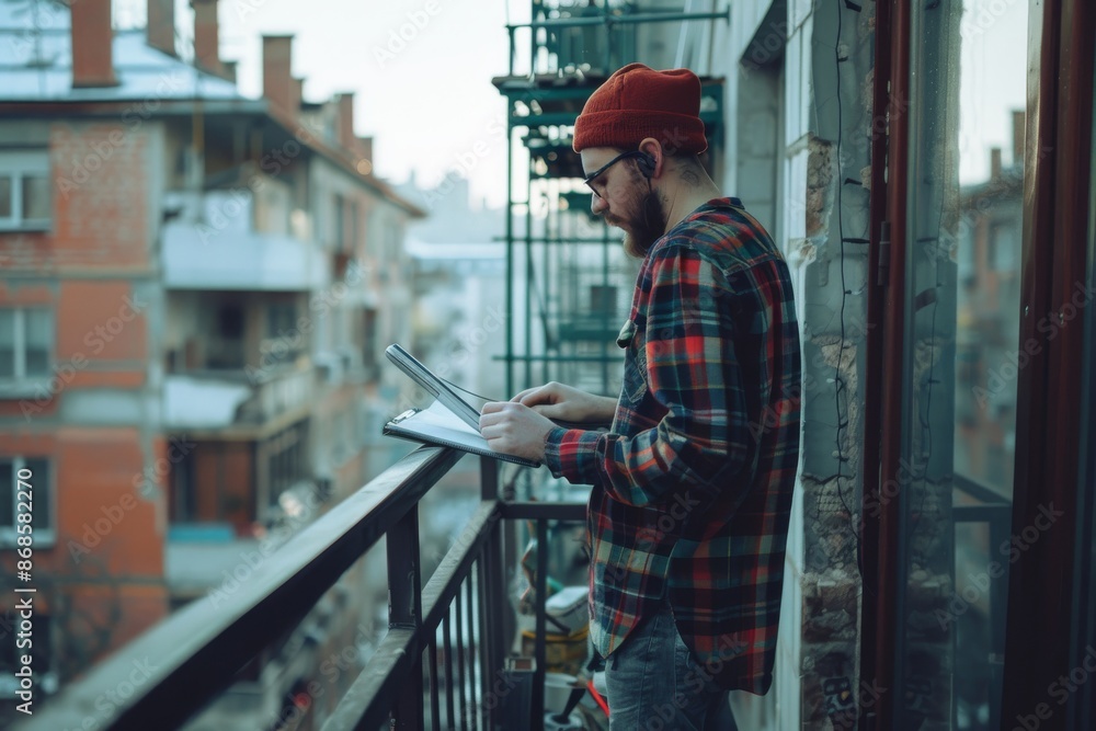 Bad neighborhood, upset man, ghetto balcony, gray high-rise buildings, poverty in eastern Europe, fire Bad neighborhood, upset man, ghetto balcony, gray high-rise buildings, poverty in eastern Europe, fire
