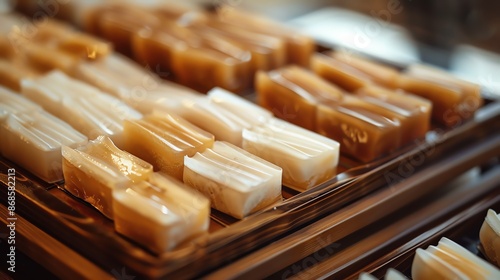 A detailed closeup of Japanese yatsuhashi sweets, with delicate, chewy layers and a sweet filling, placed on a traditional wooden tray with soft, ambient lighting photo