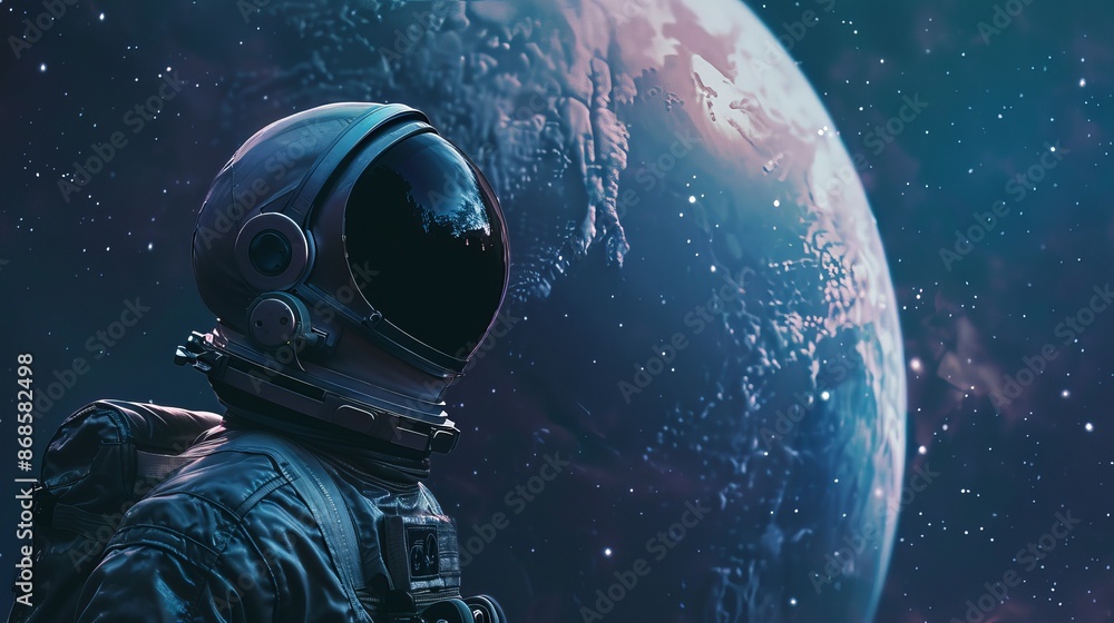 Exploring the Cosmos: Spaceman Floating Near Planet, Human in Space Concept Exploring the Cosmos: Spaceman Floating Near Planet, Human in Space Concept