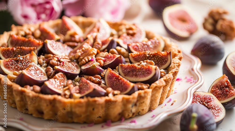 A detailed shot of a fig and walnut tart, with its rich, fruity filling and crunchy nut topping, arranged on an elegant porcelain plate with soft, natural lighting A detailed shot of a fig and walnut tart, with its rich, fruity filling and crunchy nut topping, arranged on an elegant porcelain plate with soft, natural lighting