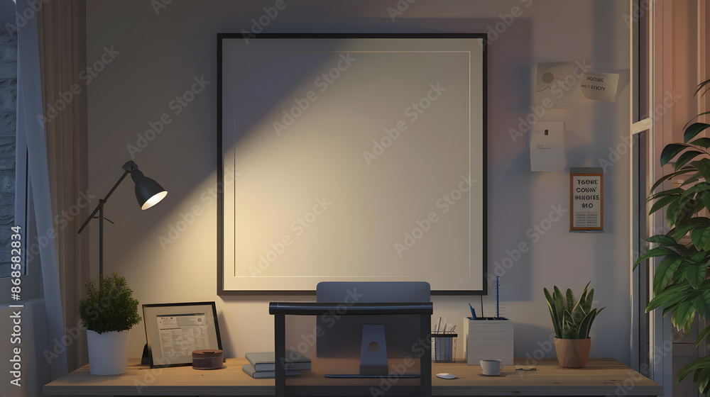 Scandinavian interior design, professional home office with empty poster mockup on the wall Scandinavian interior design, professional home office with empty poster mockup on the wall