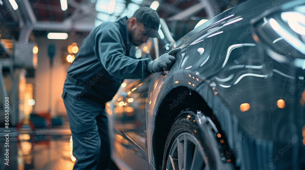 The engineer is inspecting the sealing of car doors. The engineer is inspecting the sealing of car doors.