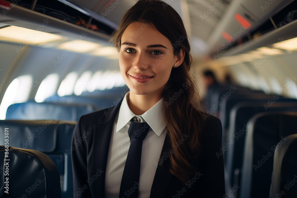 Young pretty brunette girl airplane stewardess Young pretty brunette girl airplane stewardess