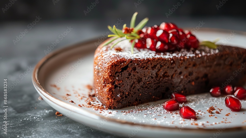 custom made wallpaper toronto digitalA detailed shot of a pomegranate molasses cake, with its rich, moist texture and pomegranate garnish, arranged on an elegant porcelain plate with soft lighting