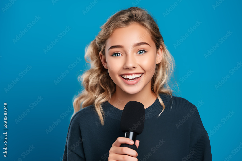 Young pretty blonde girl over isolated colorful background as a reporter holding a microphone and reporting news Young pretty blonde girl over isolated colorful background as a reporter holding a microphone and reporting news