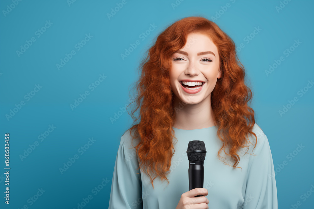 Young pretty Redhead girl over colorful background as a reporter holding a microphone and reporting news Young pretty Redhead girl over colorful background as a reporter holding a microphone and reporting news