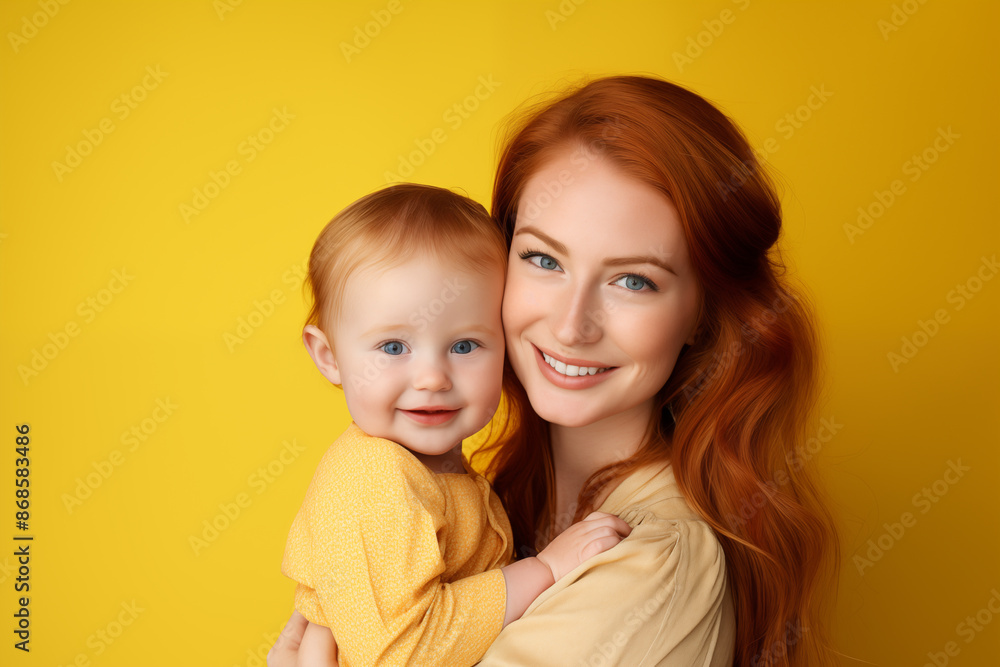 Young pretty Redhead girl over colorful background with newborn baby Young pretty Redhead girl over colorful background with newborn baby