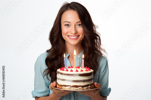 Young pretty brunette girl over isolated white background holding birthday cake