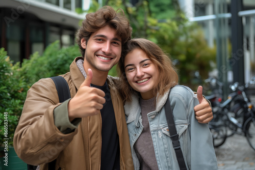 Young couple at outdoors with thumb up