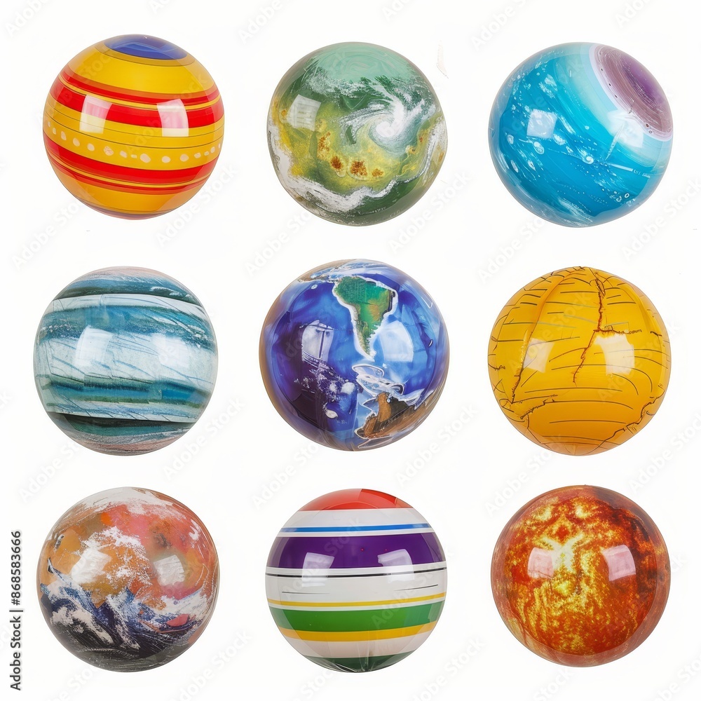 A set of inflatable planets, colorful and educational, each displayed on a white background. A set of inflatable planets, colorful and educational, each displayed on a white background.