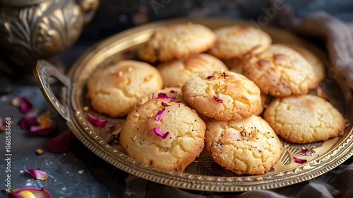 A detailed shot of freshly made nankhatai cookies, golden and crumbly, placed on a traditional brass plate with soft, natural lighting highlighting their texture photo