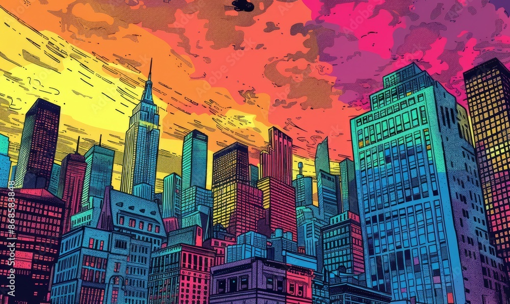 Naklejka premium Retro comic book-style cityscape in bold colors