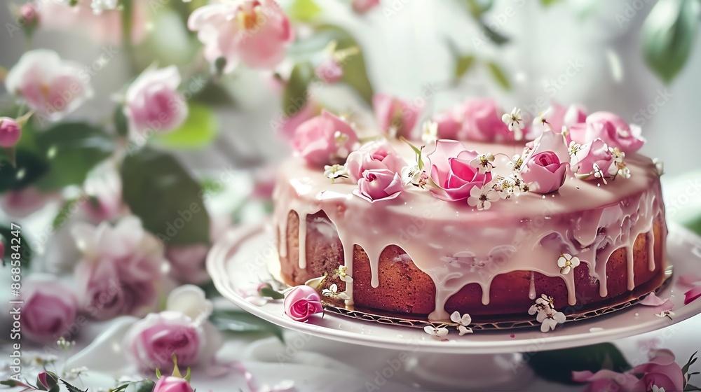 A dynamic image of a cardamom rose cake, with its aromatic spice and delicate floral glaze, set against a bright, floral background with natural lighting A dynamic image of a cardamom rose cake, with its aromatic spice and delicate floral glaze, set against a bright, floral background with natural lighting