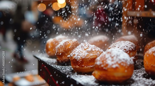 A dynamic image of a Danish  bleskiver, with their round, fluffy texture and dusting of powdered sugar, set against a festive market backdrop photo